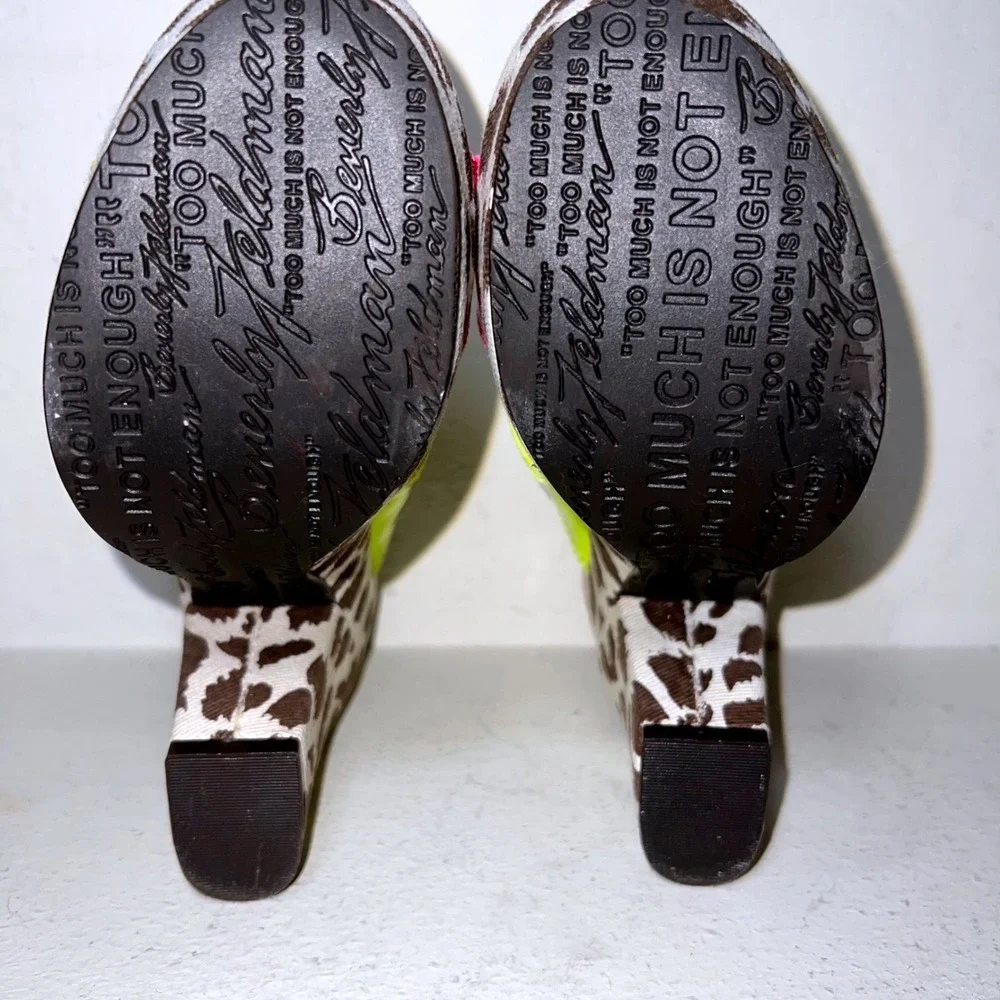 Beverly Feldman Vintage Y2K Maximalist Neon Animal Print Platform Sandals Mules